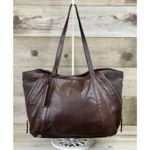 FOSSIL Womens Gwen Shopper Tote Bag Leather Dark Brown Expandable 13”x10”x5”